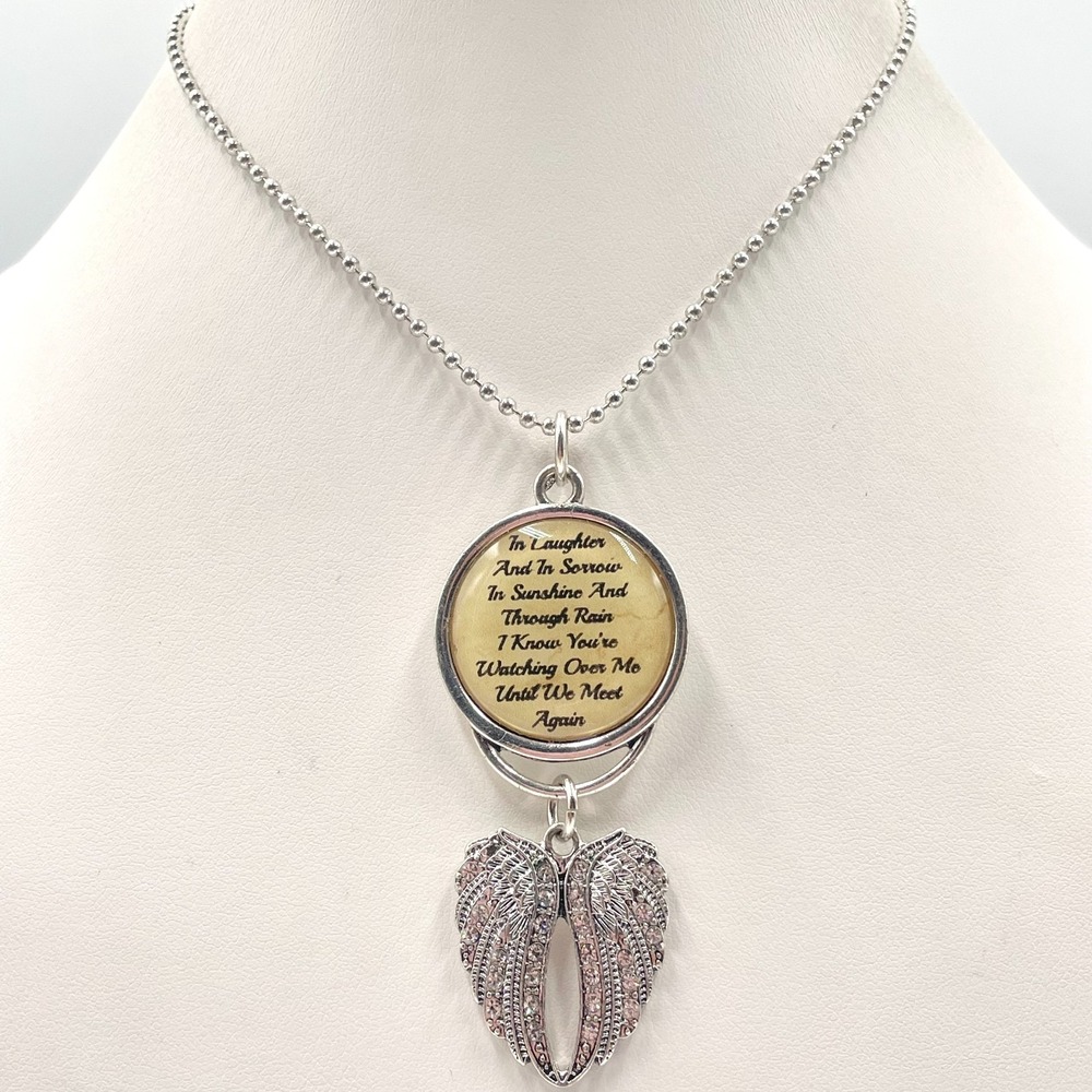 VTG Y2K Silver Tone Memorial Angel Wings In Laughter & Sorrow Pendant Necklace